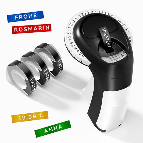 EazeID Machine à étiqueter à gaufrage 3D Omega S Vintage avec 3 Rubans | étiquettes imperméables – Machine de marquage manuelle rétro pour bricolage, DIY, maison, bureau et école (£/€ÄÖ & Ü)
