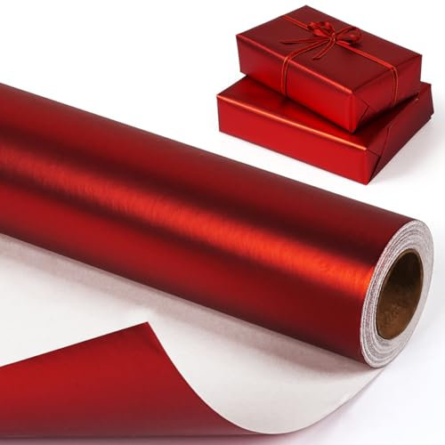 Rote Geschenkpapierrolle, Metallisches rotes Geschenkpapier, Einfarbiges und mattes rotes Geschenkpapier Glitzer, Rot Geschenkpapierrolle für Weihnachten Geburtstag Hochzeit Valentinstag, 43 cm x 10 m