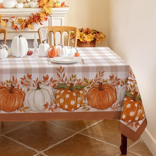 Romanstile Autumn Tablecloth, Washable, 240 x 140 cm, Rectangular Tablecloths with Pumpkin Pattern, Water-Repellent Tablecloth, Orange Checked Table Linen, Modern for Outdoor, Wedding, Birthday, Party