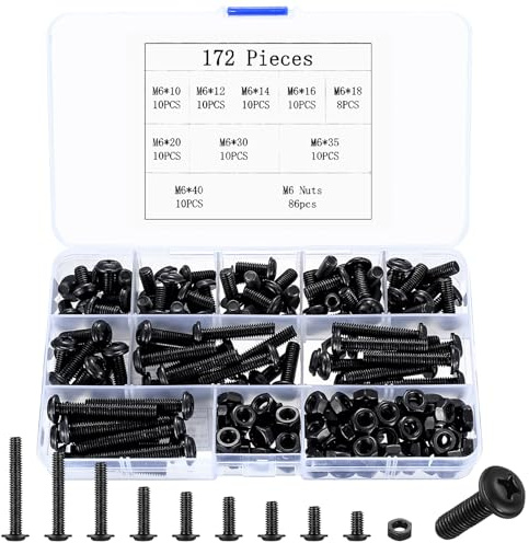 172 Pcs M6 Assorted Bolts and Nuts Set, Machine and Bolts, Flat Washer Head Cross Screws Nuts Assortment Kit, Black Thread Fastener Screws and