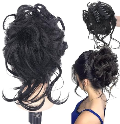 Claw Messy Bun Hair Pieces,Claw Clip Hair Pieces,Hair Pieces Curly Hair Bun,Curly Wavy Hair Scrunchies Synthetic Ponytail,Clip on Hair Pieces for Women,Hairpieces for Women,Fake Messy Bun(#Black)