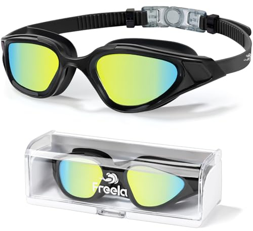 Freela Polarized Swimming Swim Goggles for Adult Men Women, Underwater Pool Beach Goggles 180° Clear Wide View Anti Fog UV Protection, Youth Sports Glasses No Leaking Mirrored Green Lens Nose Piece