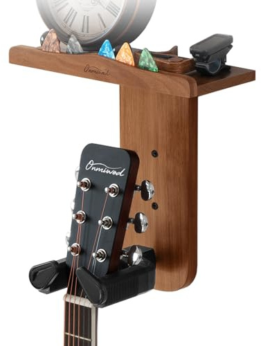 Onmiwod Guitar Wall Mount, Auto Lock Guitar Hanger, Wood Guitar Wall Hangers Shelf with Pick Holder, Guitar Holder Wall Mount for Acoustic, Electric Guitar, Ukulele, Bass, Mandolin Gift
