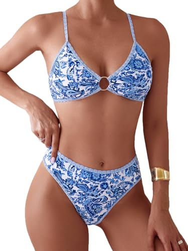 Fanuerg Women's Triangle Bikini Sets O Ring Linked Two Piece Swimsuits Floral Printed Cheeky Bathing Suit Paisley Blue Floral XL