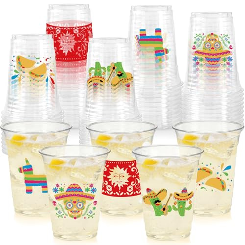 CUPLOOV 50Pcs Fiesta Cups,12 Oz Plastic Disposable Clear Mexican Cups with 5 Pattern Designs for Cinco De Mayo Drinkware Party Supplies Taco Birthday Party Decorations
