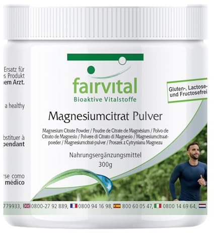 fairvital Magnesiumcitratpulver 300 g, perfekt för idrottare, hög biotillgänglighet, kvalitetskontrollerat och högdoserat, 100% veganskt, tillverkat i Tyskland