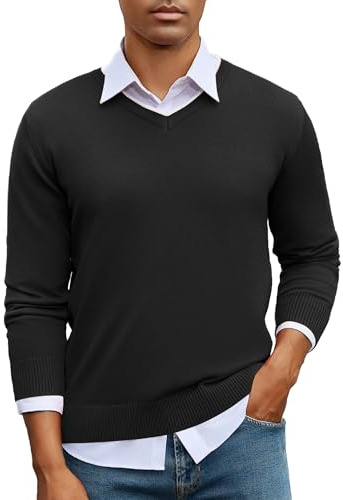 iClosam Maglione con Scollo a V da Uomo, Maglioni a Maniche Lunghe con Lavorazione a Contrasto, Pullover da Uomo in Misto Cotone Morbido e Caldo per Autunno e Inverno,Nero