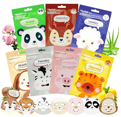 7 Piezas Mascarilla Facial Niña, Mascarilla Facial Animales, Mascarillas Hidratante, Hidratante Antiarrugas para Todo Tipo de Piel/Niños/Mujeres