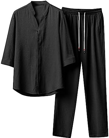 Générique Men's Linen Pajamas Set Tai Chi Suit Japanese Kimono Style Pajamas Vintage Short Sleeve Button Down Shirt With Tie Waist Pants Two Piece Set, Black, XL