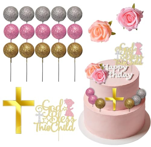 Décoration de gâteau pour communion avec croix, thème baptême, mariage, anniversaire, ensemble complet de décoration pour célébrations spéciales, avec paillettes dorées et éléments floraux, idéal
