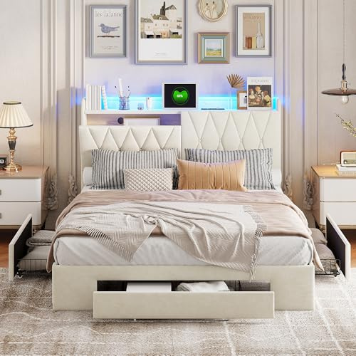 Stauraumbett 140×190 mit 3 Schublade, Polsterbett mit Lattenrost, Kopfteil mit Stauraum und LED, Modern Einzelbett, für Schlafzimmer, Gästezimmer, Samt, Beige