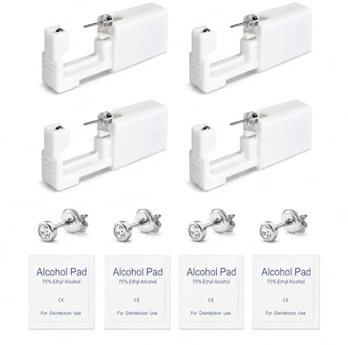 4 Pack Disposable Ear Piercing Kit, Painless Self Ear Piercing Gun with Surgical Stainless Steel Ear Studs, Sterile Safety Piercing Tool for Home Salon Use Women Men Girls Boys