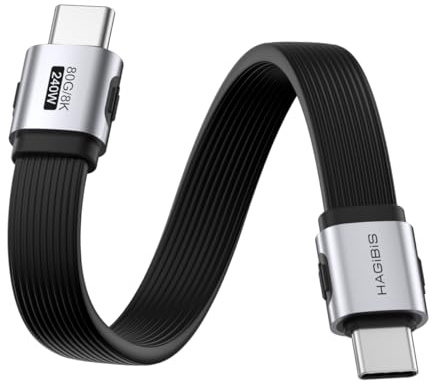 Hagibis USB4 kabel 240 W 80 Gbps 8K USB-C rak 15 cm | Flexibel platt kabel för 80 Gbit/s dataöverföring och 240 W snabbladdning. Stöder 8K-video och skyddar mot kabelbrott.