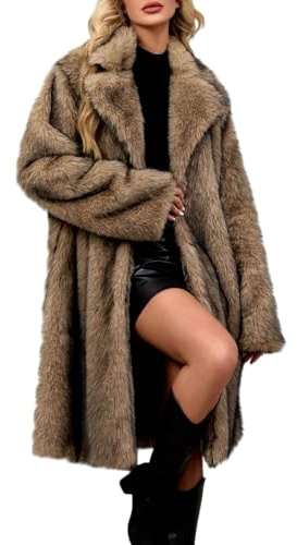szvbofueck Women's Winter Coat Long Faux Fur Coat Lapel Faux Fur Jackets Long Sleeve Faux Fur Coat Knee-Length Plush Coat Fluffy Soft Cuddly Coat Aesthetic Thermal Jackets Plain Cardigan