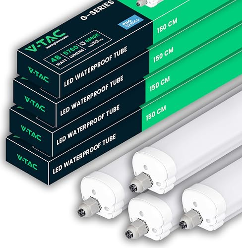 V-TAC 4x Plafoniera LED Impermeabile 150 CM da Esterno - 48W - PRO SERIES - 4 PEZZI - Lampada Rettangolare da Soffitto e Parete - 5760 Lumen - per Garage, Negozio, Magazzino - Luce 6500K Bianca Fredda