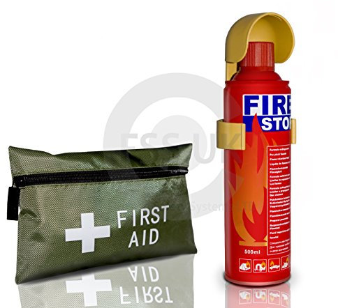 500ml Fire Extinguisher + 42 Pieces First Aid Kit. Ideal for Home Kitchen Taxi Caravans Boats Restaurants Workshops and Offices.
