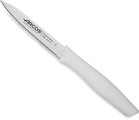Arcos Serie Nova, Spelucchino Coltello per sbucciare Serrato, Lama Acciaio Inossidabile NITRUM 100 mm, Manico Polipropilene, Colore Bianco