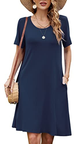Bequemer Laden Femmes Ete Chic Robes Manches Courtes de Plage avec Poches | Femmes Printemps Ete Casual Classique Tunique Midi Court Robe de Soiree Plage Cocktail Fête Élégant Col Rond Tee Shirt Robes