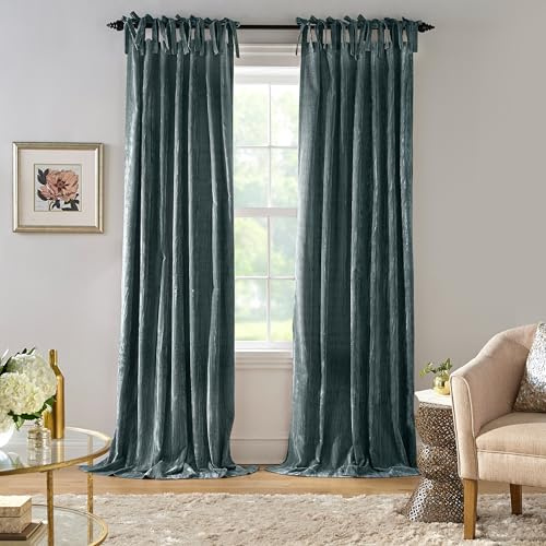 Elrene Home Fashions Korena Tie-Top Crushed Velvet Window Curtain Panel, Rustic-Chic Curtain Panel for Living Room or Bedroom, 52 Inches by 95 Inches, Peacock, 1 Panel
