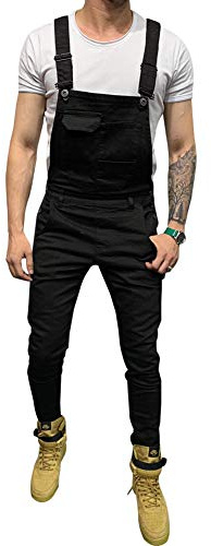 LONGBIDA Men's Denim Bib Overalls Fashion Slim Fit Jumpsuit with Pockets(Black,M)