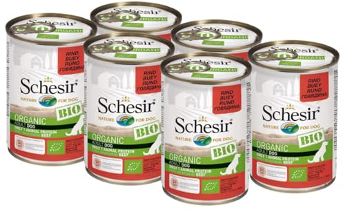 Schesir BIO, Alimento Completo Umido per Cani adulti, Patè di Manzo Selezionato senza Cereali - 6 lattine dal 400g (2,4kg totale)