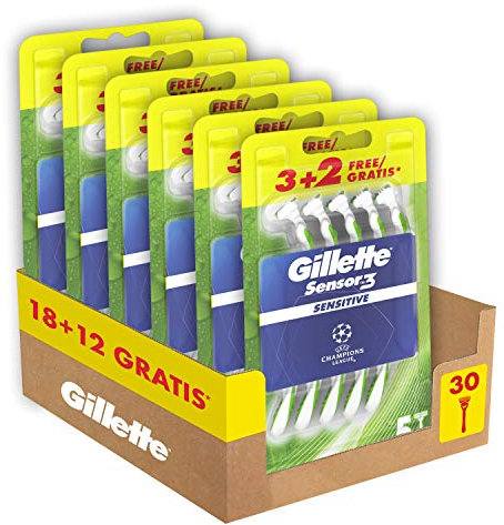 Gillette Sensor3 Sensitive Rasoio Uomo Usa E Getta, Confezione da 3+2 Rasoi, Fino A 10 Rasature Ottimali Con Ogni Singolo Rasoio