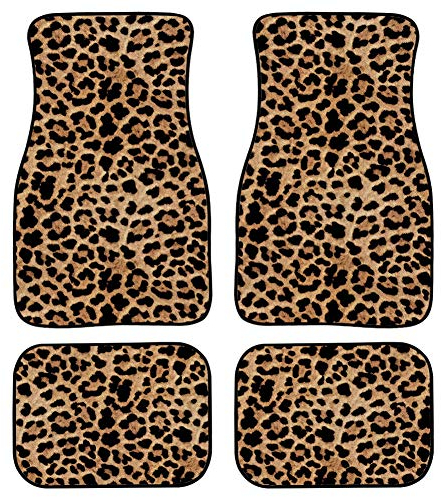 Biyejit Auto-Fußmatten mit Leopardenmuster, 4-teiliges Set, vorne und hinten, rutschfeste Schutzmatten für Auto, dekorative Schwerstaub-Fahrzeug-Fußkissen, Teppiche aus Polyestergewebe
