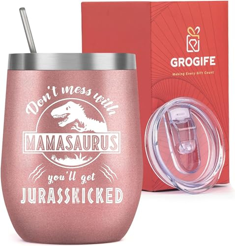 Grogife Mothers Day Gifts for Mum from Daughter Son - Mamasaurus Travel Mug Gifts for Mum, Mother's Gifts for Mum Mummy, Mum Birthday Gifts, Insulated Coffee Cup Wine Tumbler 350ml