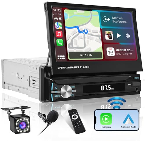 Hikity FM Am 1 DIN Radio de Coche Wireless Carplay, Pantalla Táctil 7 Extraible, Reproductor de MP5 con Android Auto, Bluetooth, Cámara Trasera, Soporte Mirror Link, SWC, USB AUX-in SD Card