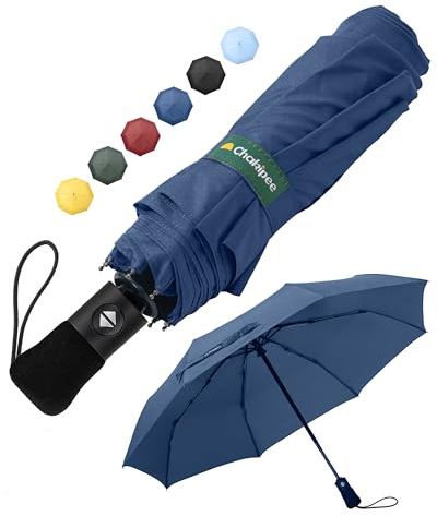 Chakipee Kompakter Reise Regenschirm Groß Sturmfest – Automatik Taschenschirm für Herren und Damen, Tragbarer 210T-Stoff 97 cm Spannweite 8 Rippen Schirm Dunkelblau