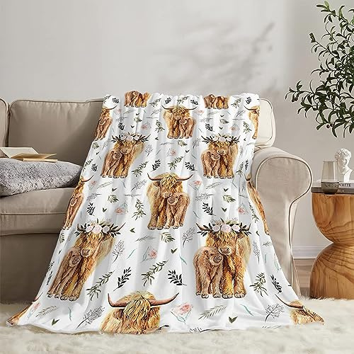 EN7JIOY Highland Cow Print Blanket and Throws Cute Farm Animal Cow Gifts Throw Blankets Soft Cozy Fleece Plush Warm Flannel Bedding Blanket for Girls Kids Adults Couch Travel 40x50inch