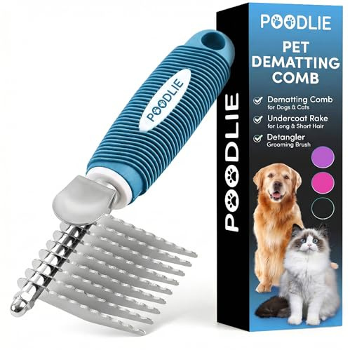 Poodle Dematting Fur Rake Comb Brush for Dogs and Cats - Long 2.5 Steel Safety Blades Metal Comb for Detangling Matted or Knotted Undercoat Hair