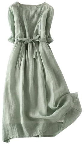 Vintage Linen Dresses for Women UK Cotton Linen Maxi Dresses Lace Up Round Neck Half Sleeve Dress Pleated Boho Beach Holiday Dresses Summer Casual Tunic Dress Elastic Waist Tie Long Dress