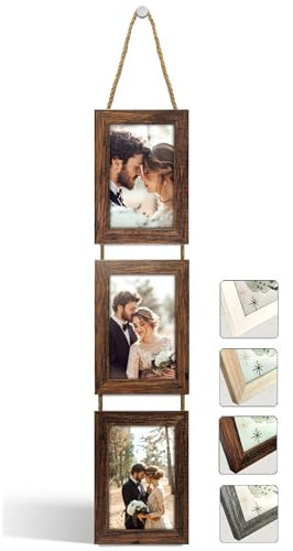 NEOWS Decorative Multiple Photo Frame for Wall Hanging – Wooden Multiple Photo Frames with Rope – Collage Hanging Picture Frame – Photos 10 x 15 cm (Aged Wood, 3 Photos Vertical)