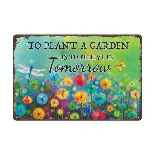 Letreros de jardín para vegetales – Cartel de metal para plantar un jardín es creer en el mañana – Decoración decorativa para patio trasero al aire libre – Regalo para jardineros, letrero de metal de