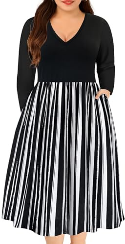 RITERA Vestidos de Talla Grande para Mujer con Curvas, Vestido de Manga Larga, Cintura Alta, otoño e Invierno, Vestido Casual Fluido, XL-5XL, B1, Rayas Verticales Blancas y Negras, XL Más