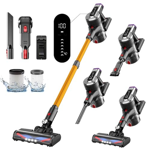 Hearten Aspirapolvere Senza Fili, 45KPA/ 550W/ 60Min, 1,5L, Display LED, Spazzola anti-groviglio, Ultra Silenzioso, per peli di Animali/Tappeti/Pavimenti duri/Auto