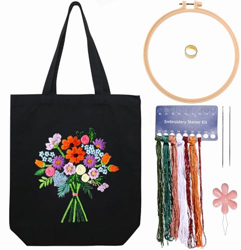 CREAWONDER Canvas Tote Bag-broderiset med mönster för nybörjare, konst- och gör-det-själv-broderiset för vuxna, inklusive instruktioner, broderiramar, färgade trådar och verktyg