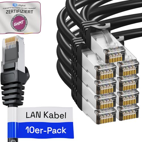 HB-DIGITAL 10 cables LAN RJ45 de 0,5 m con cable crudo CAT 7 S/FTP – certificado GHMT – 10 Gigabit Ethernet cable de red cobre profesional PiMF para panel de conexiones, conmutador PC router – Negro
