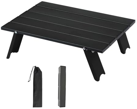 Tavolo Campeggio Pieghevole Alluminio Ultra Leggero 39x29x12 cm (Nero) | Portatile con borsa trasporto | Piede antiscivolo per terreni irregolari | Ideale per picnic, spiaggia, escursioni e pesca