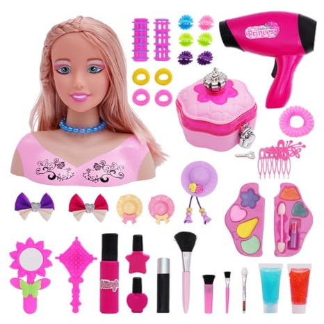 ENGINEMECH Kids Hairdressing Makeup Dolls, 39Pcs Pretend Play Half Action Figure Styling Hair Makeup with Hair Dryer and Hairpin Styling Head Doll Gift 2025