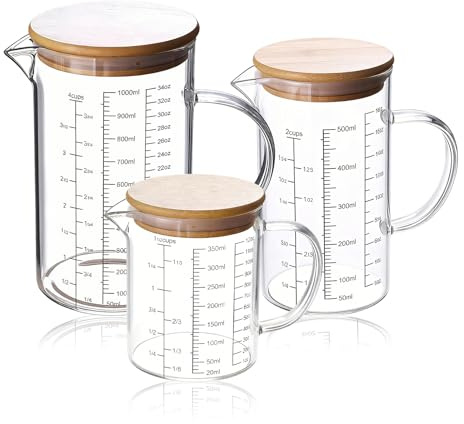 Juego de 3 vasos medidores de cristal con tapa, mango, 350 ml, 500 ml, 1000 ml, tazas de medición de vidrio de borosilicato, resistentes al calor, con escala precisa para cocina y hornear