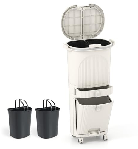 COSTWAY 42 L（12+12+14+4 L） Pattumiera Differenziata, Secchio Spazzatura a 3 Scomparti con Cassetto e Coperchi, 2 Secchi Rimovibili Pedale e Ruote, Bidoni Differenziata per Bagno Cucina Ufficio
