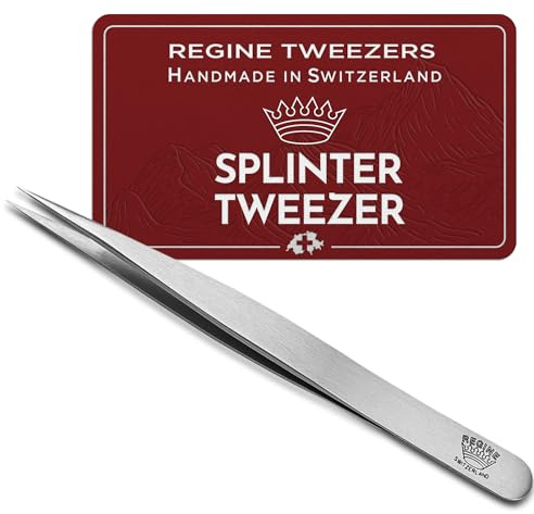 Regine Switzerland Splinter Tweezers – Professional Tweezer with Precision Point Needle Nose for Splinter, Ingrown Hair & Glass Extraction – Stainless Steel Sharp Tool for Men & Women – Silver