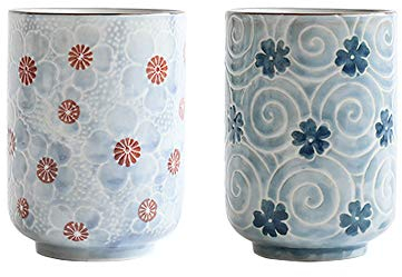 MengCat Tazas de te japonesas Taza taza de cerámica Flor tradicional japonesa bonito diseño Conjunto de 2 yunomi tazas de té 10 OZ