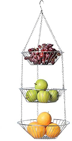 MEETOZ 3-Tier Hanging Basket Heavy Duty Wire, Vegetable and Fruit Storage –Wire Hanging Baskets for Kitchen Counter Space Saver, Round.
