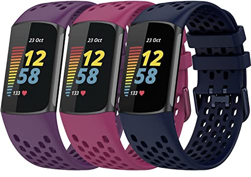 TopPerfekt Bracelet de Rechange pour Montre Fitbit Charge 6, Bracelet Réglable Sport en Silicone Souple pour Traqueur D'activité Charge 5 pour Homme et Femme (3-[Paquets] 3)