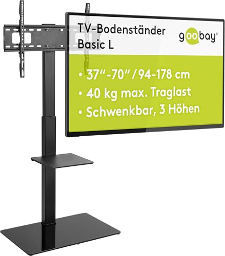 goobay TV-Bodenständer 37–70 Zoll, schwenkbar ±35°, höhenverstellbar, VESA 600x400, bis 40 kg, Glasfuß – 58526