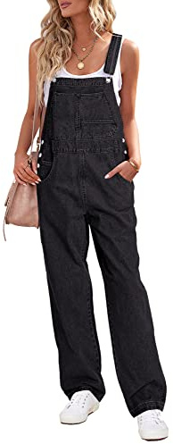 Roskiky Salopette en Jean pour Femme - Coupe Ample et Droite - Jambes Larges - Stretch - Mode, Noir, S