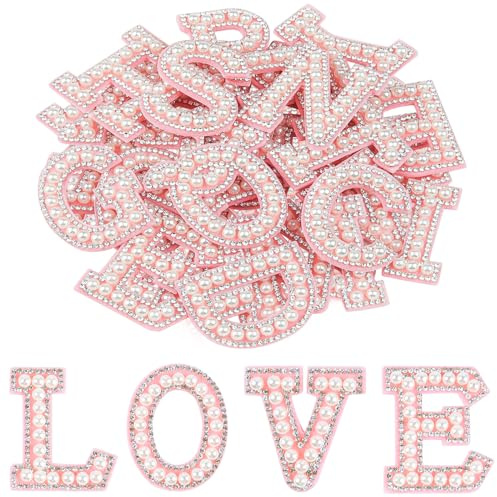 Morcheiong Set mit 52 aufklebbare Buchstaben-Patches mit Strass und Perlen von A bis Z für Kleidung, Stoff, Rucksack (rosa)
